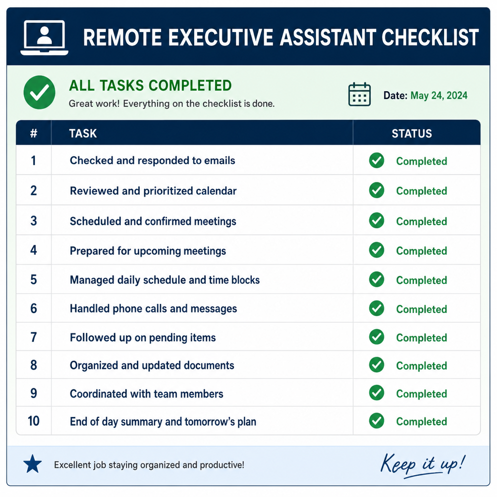 A digital task board showing a completed remote executive assistant checklist in English