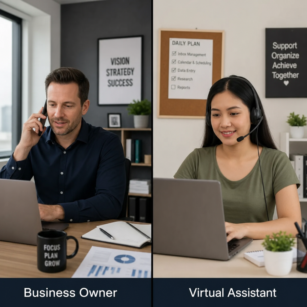 A split screen showing a business owner in a modern office and a virtual assistant working remotely in English