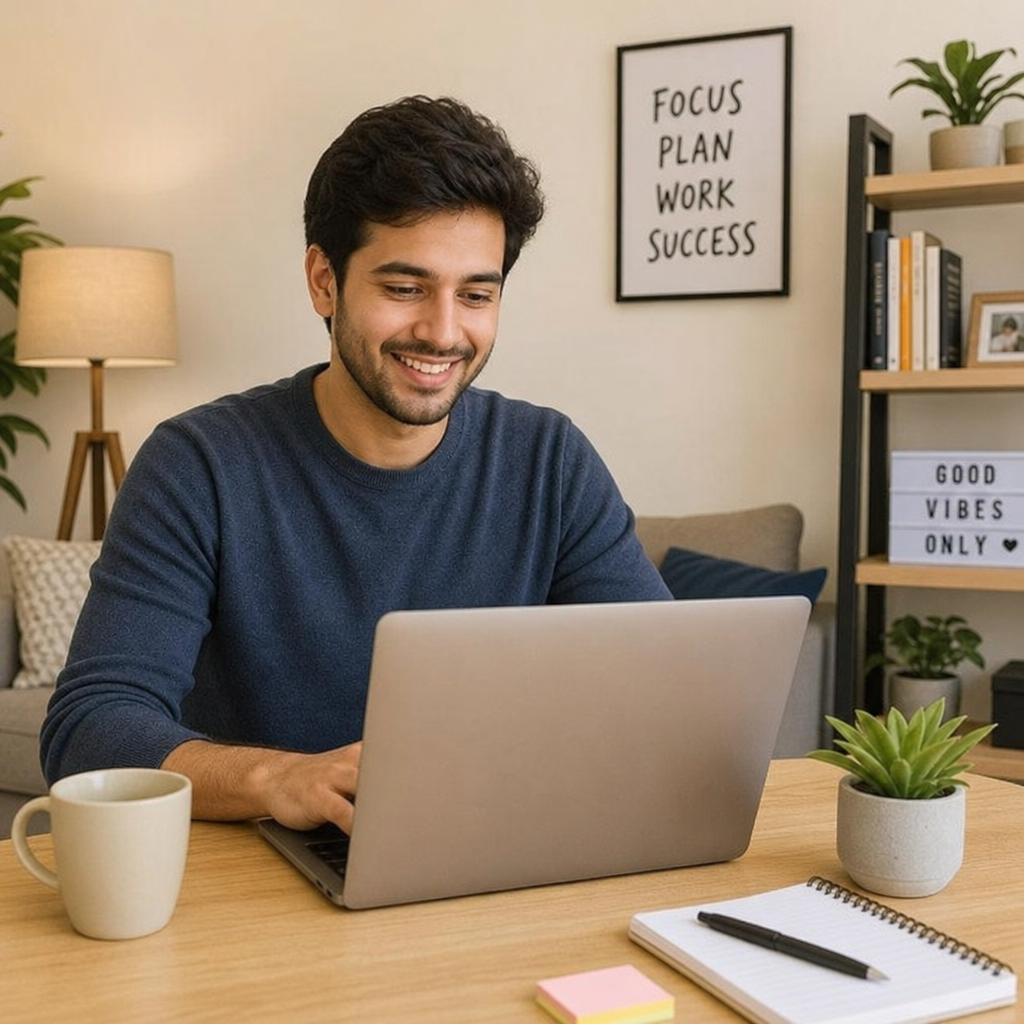 A person working comfortably from home on a laptop, smiling at the screen in English